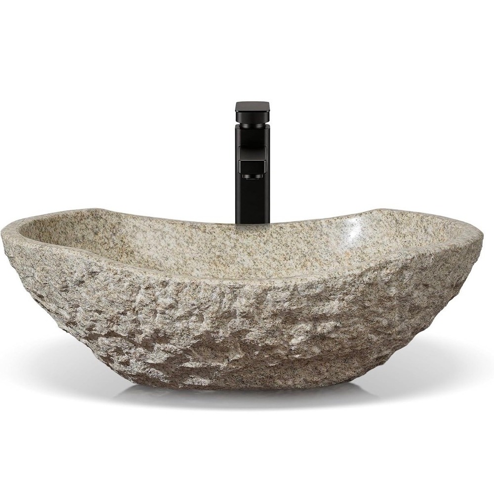 Pufihoby Natural Stone Vessel Bathroom Sink 19.7x14.2x5.9in Beige Basin Granite